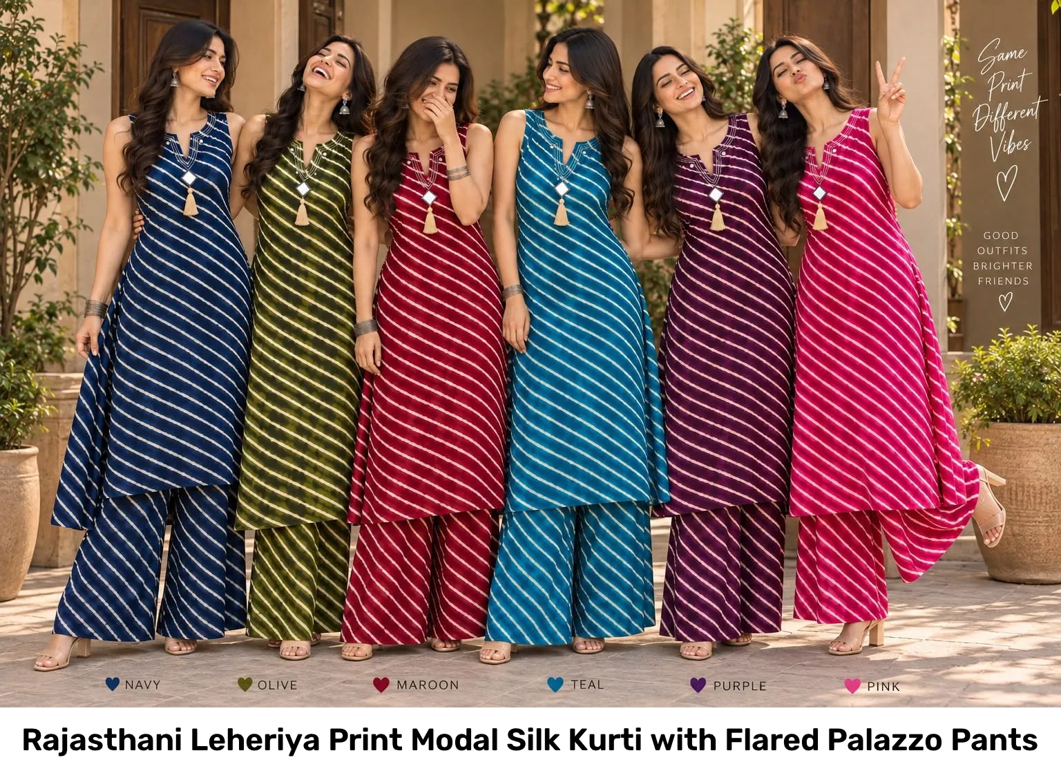 Rajasthani Leheriya Print Modal Silk Kurti with Flared Palazzo Pants 5