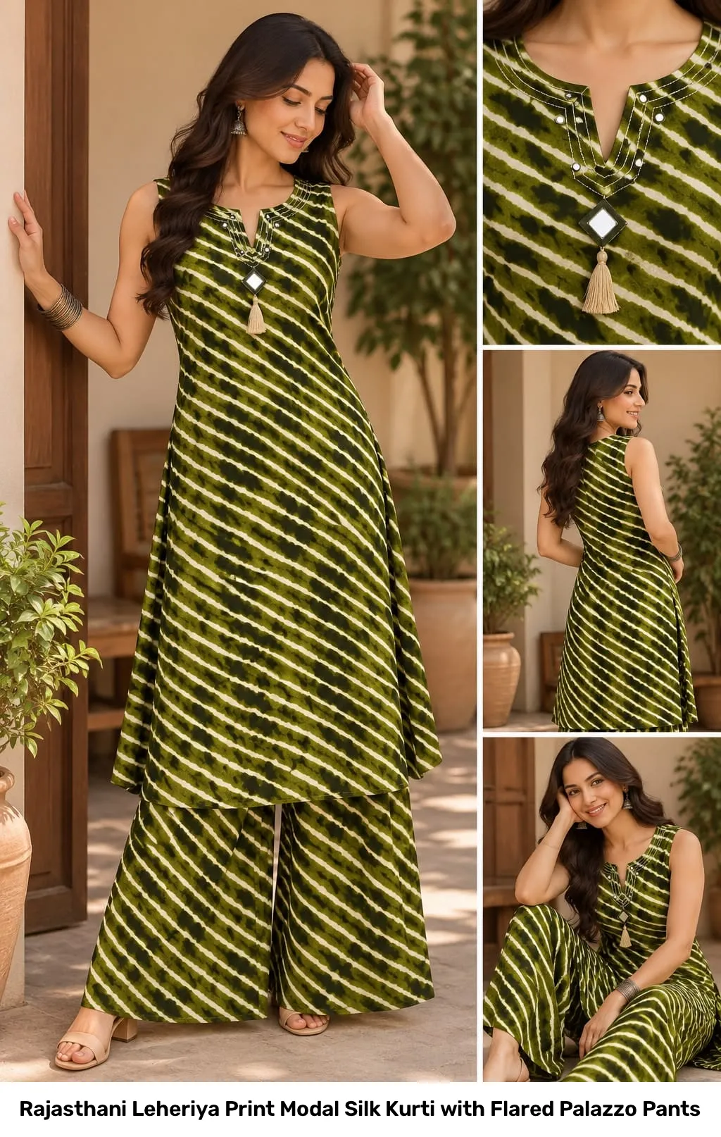 Rajasthani Leheriya Print Modal Silk Kurti with Flared Palazzo Pants 6