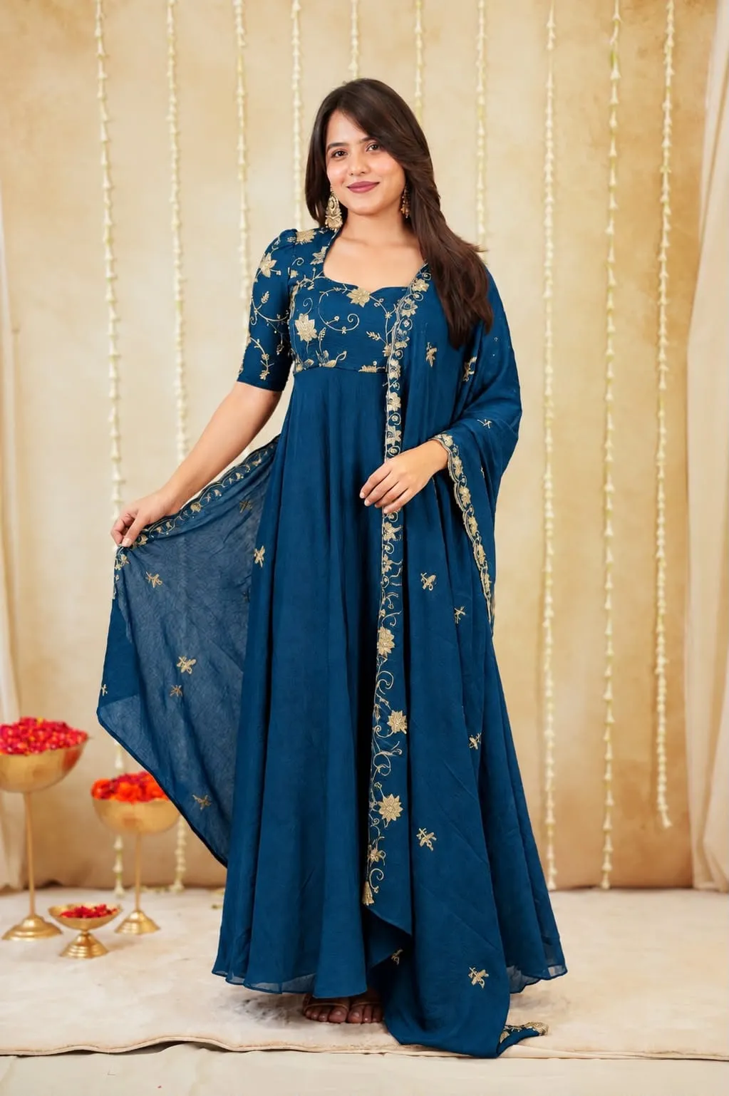 Rangoli Crush Festive Anarkali Gown with Embroidered Beadwork Dupatta | 6.5 Mtr Flare Long Frock