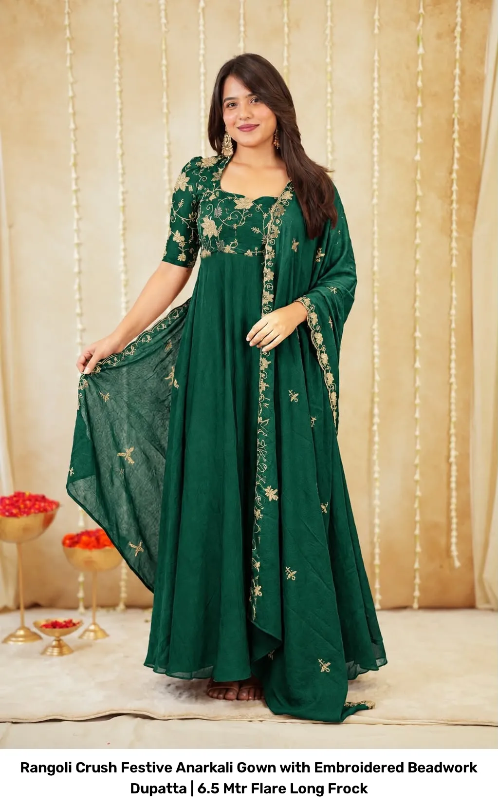 Rangoli Crush Festive Anarkali Gown with Embroidered Beadwork Dupatta | 6.5 Mtr Flare Long Frock 10
