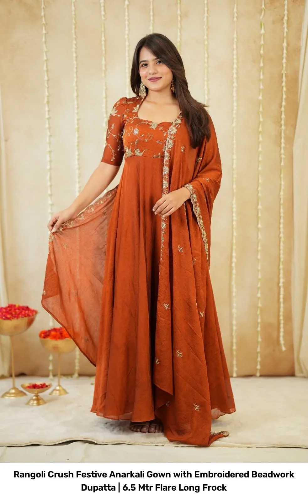 Rangoli Crush Festive Anarkali Gown with Embroidered Beadwork Dupatta | 6.5 Mtr Flare Long Frock 2