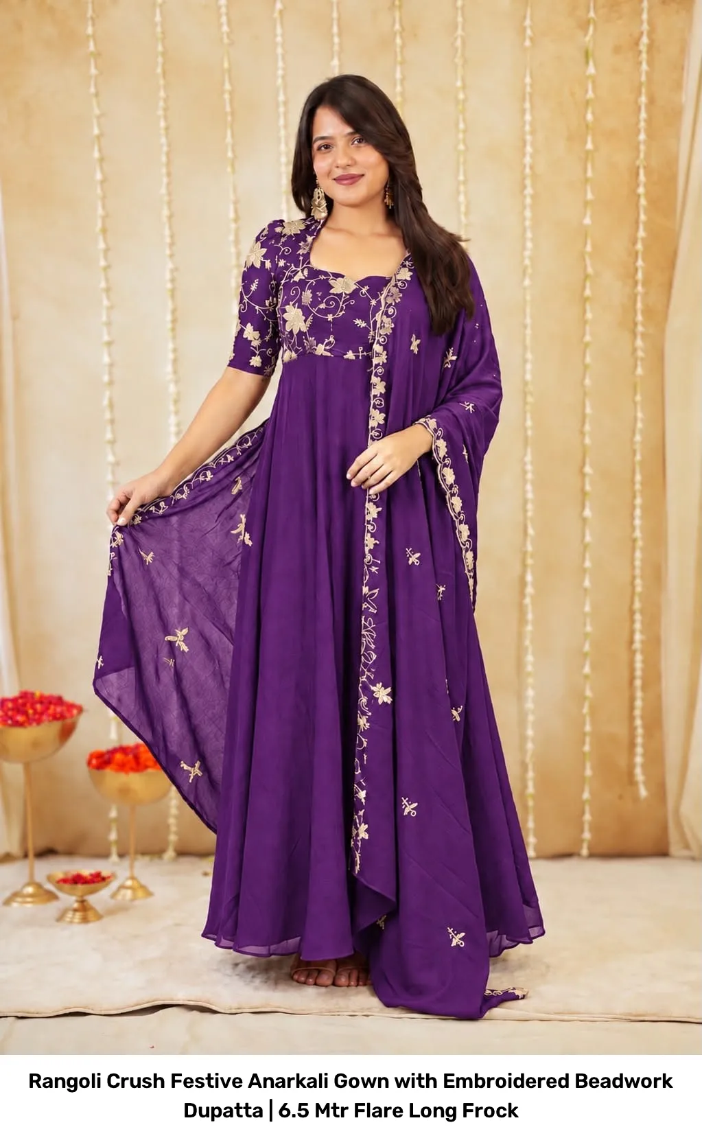 Rangoli Crush Festive Anarkali Gown with Embroidered Beadwork Dupatta | 6.5 Mtr Flare Long Frock 3