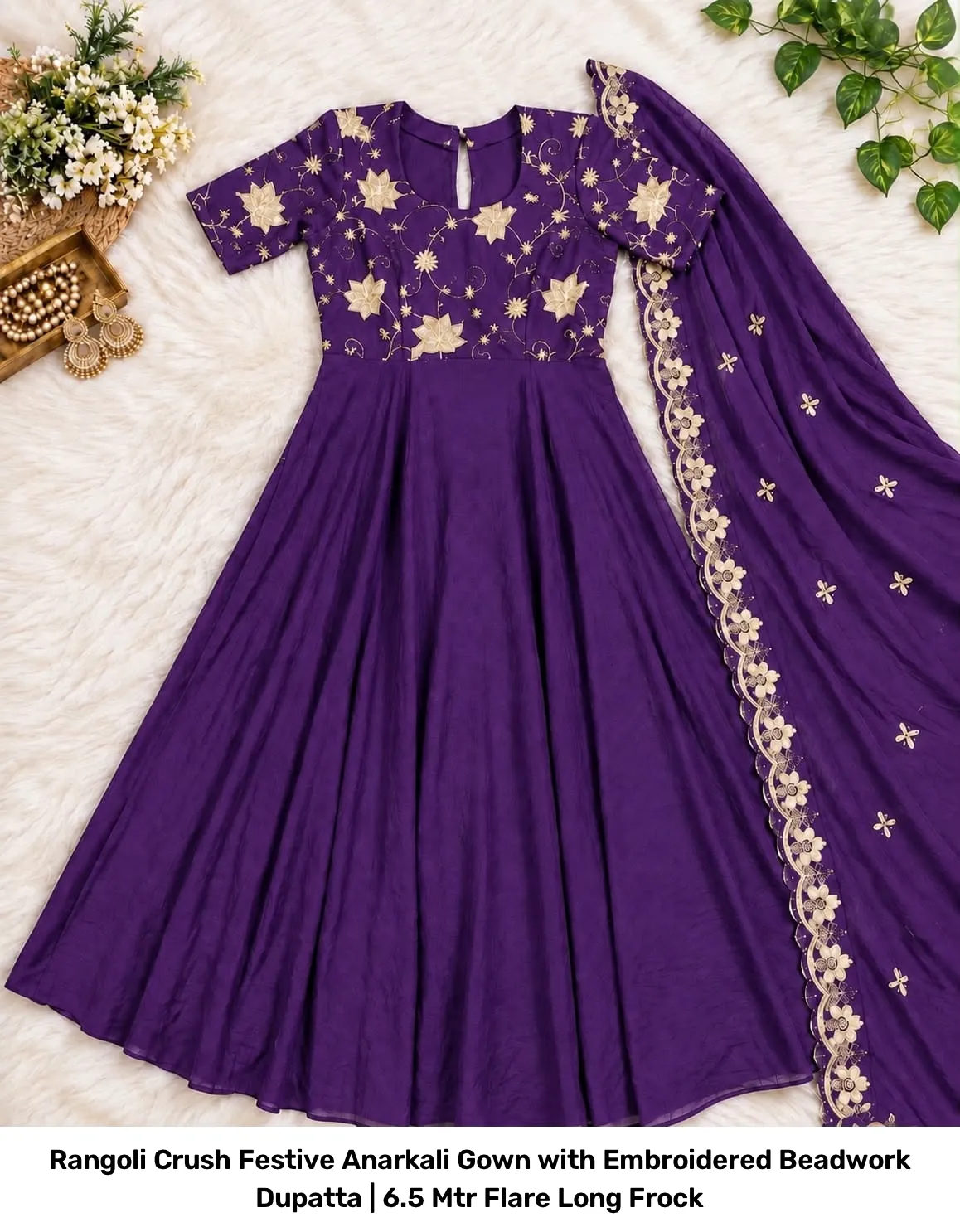 Rangoli Crush Festive Anarkali Gown with Embroidered Beadwork Dupatta | 6.5 Mtr Flare Long Frock 5