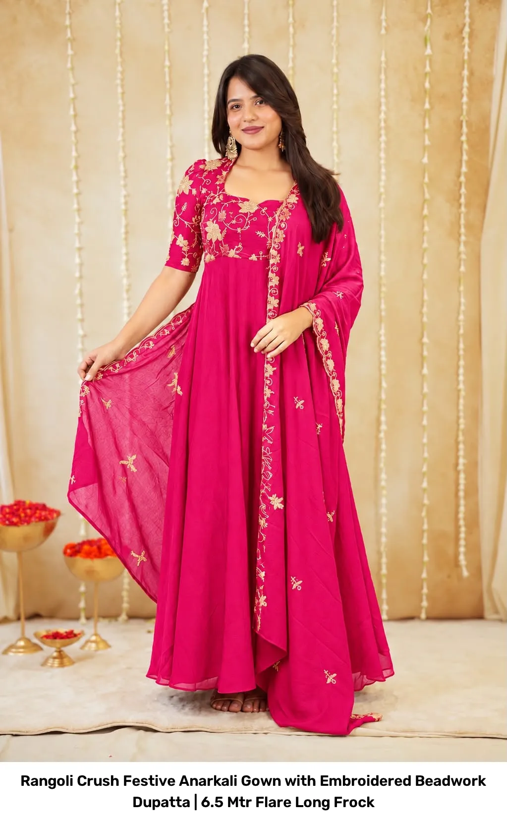 Rangoli Crush Festive Anarkali Gown with Embroidered Beadwork Dupatta | 6.5 Mtr Flare Long Frock 7