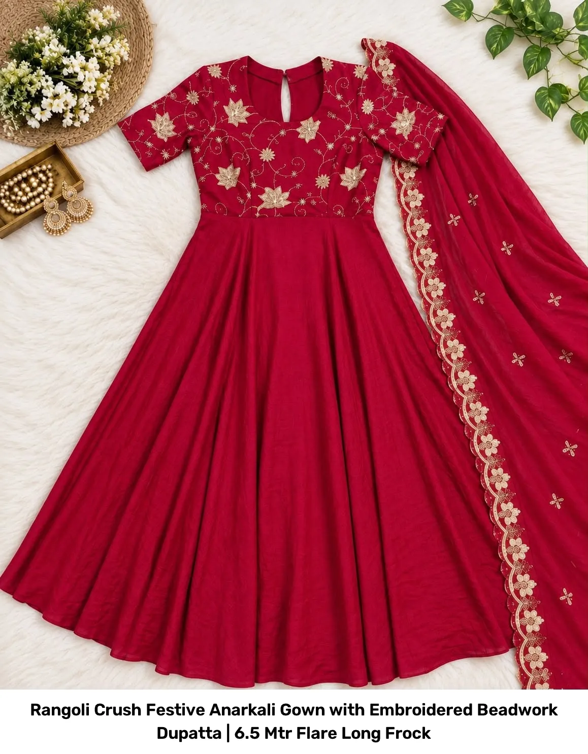 Rangoli Crush Festive Anarkali Gown with Embroidered Beadwork Dupatta | 6.5 Mtr Flare Long Frock 8