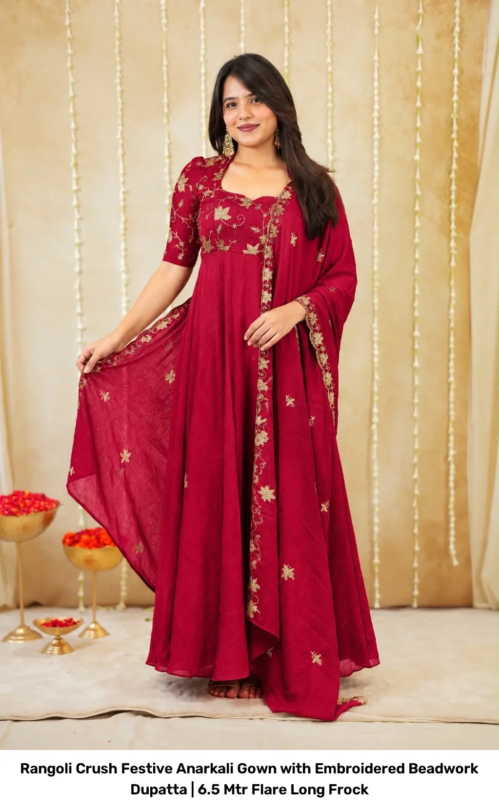 Rangoli Crush Festive Anarkali Gown with Embroidered Beadwork Dupatta | 6.5 Mtr Flare Long Frock 9