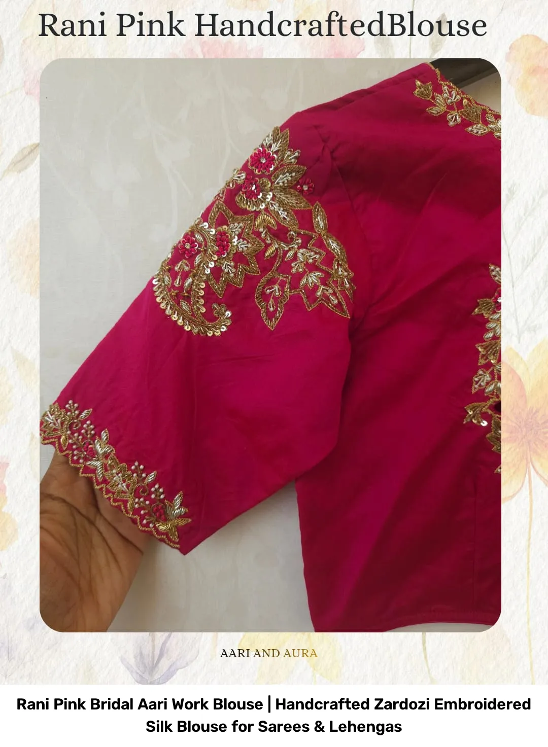 Rani Pink Bridal Aari Work Blouse | Handcrafted Zardozi Embroidered Silk Blouse for Sarees & Lehengas 2