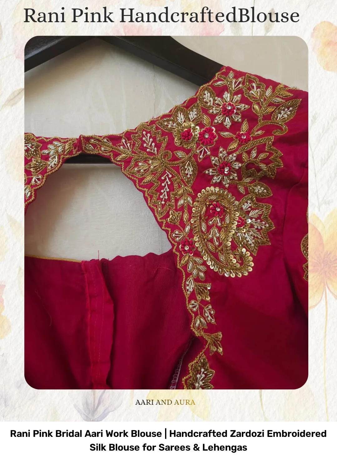 Rani Pink Bridal Aari Work Blouse | Handcrafted Zardozi Embroidered Silk Blouse for Sarees & Lehengas 3