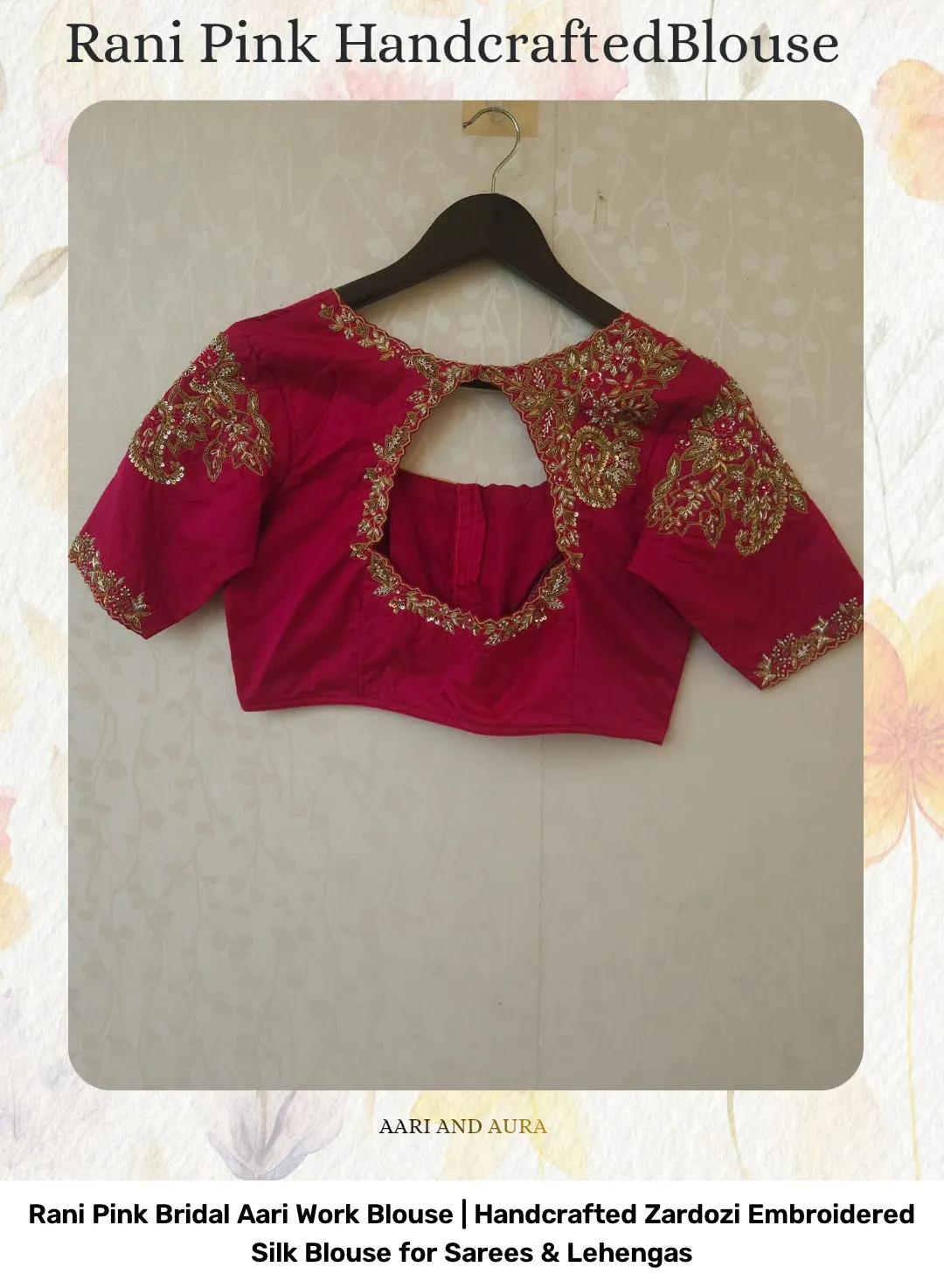 Rani Pink Bridal Aari Work Blouse | Handcrafted Zardozi Embroidered Silk Blouse for Sarees & Lehengas 5