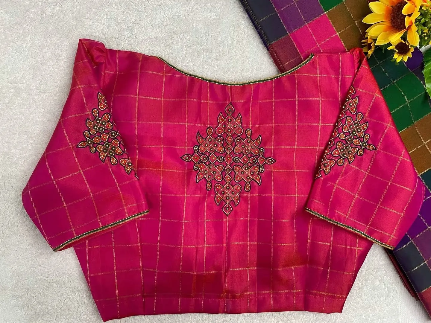 Rani Pink Checked Silk Boat Neck Blouse – Geometric Aari Hand Embroidery & Beadwork for Pattu Sarees 1