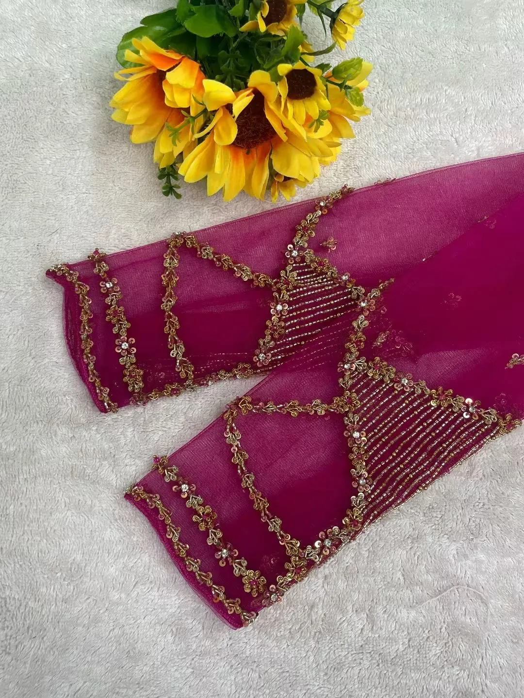 Rani Pink Full Sleeve Maggam Work Blouse – Zari Embroidered Cutout Net Sleeves & Sweetheart Neck