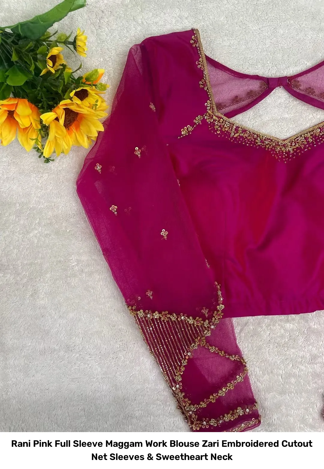 Rani Pink Full Sleeve Maggam Work Blouse – Zari Embroidered Cutout Net Sleeves & Sweetheart Neck 2