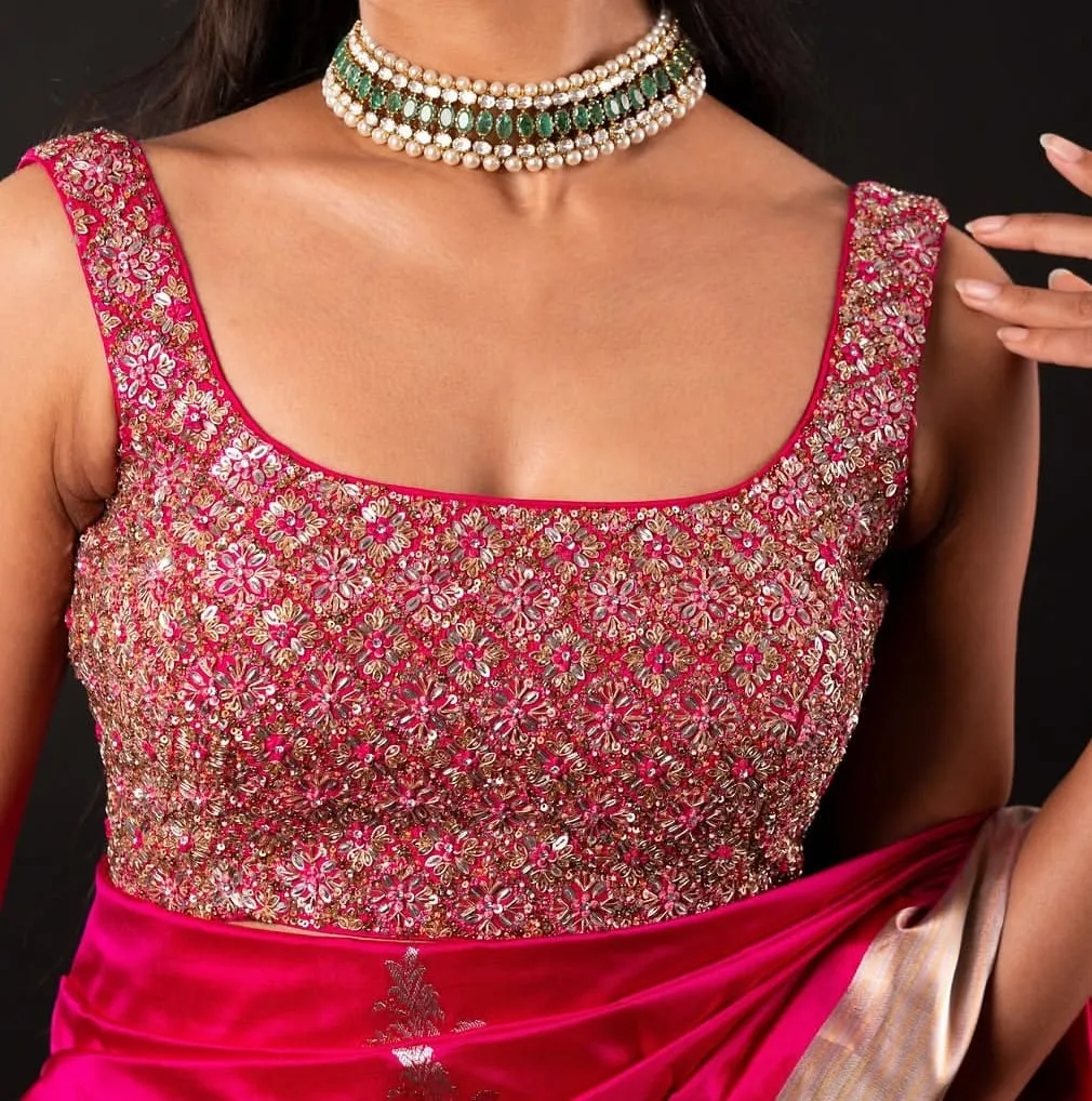 Rani Pink Hand Embellished Sequin Blouse | Scoop Neck Cutdana Work Choli 1