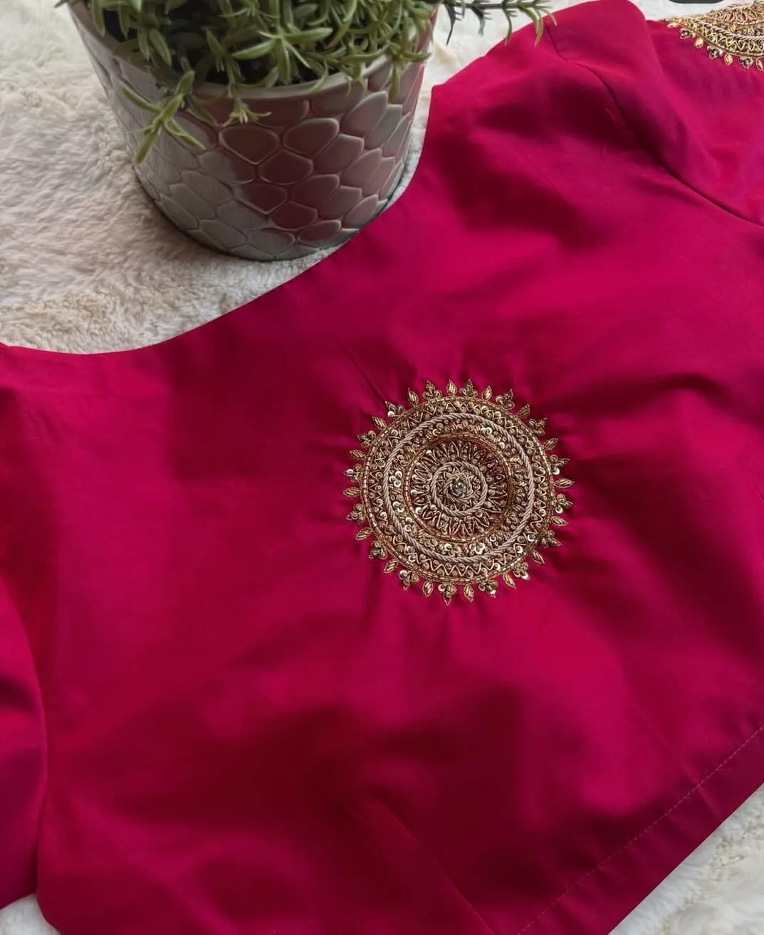 Rani Pink Raw Silk Blouse with Back Mandala Chakra & Spiral Sleeve Motif