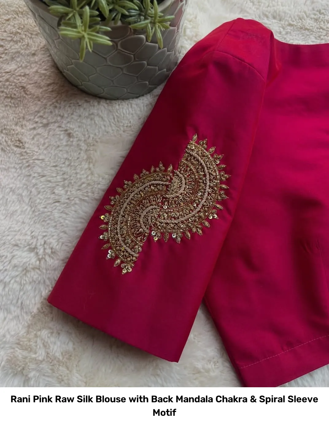 Rani Pink Raw Silk Blouse with Back Mandala Chakra & Spiral Sleeve Motif 2