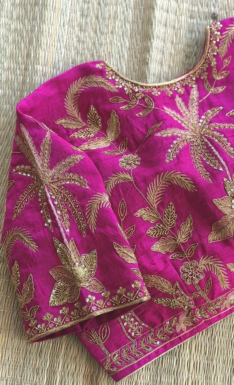 Rani Pink Raw Silk Maggam Work Blouse | Palm Leaf & Floral Zari Hand Embroidered Bridal Saree Blouse