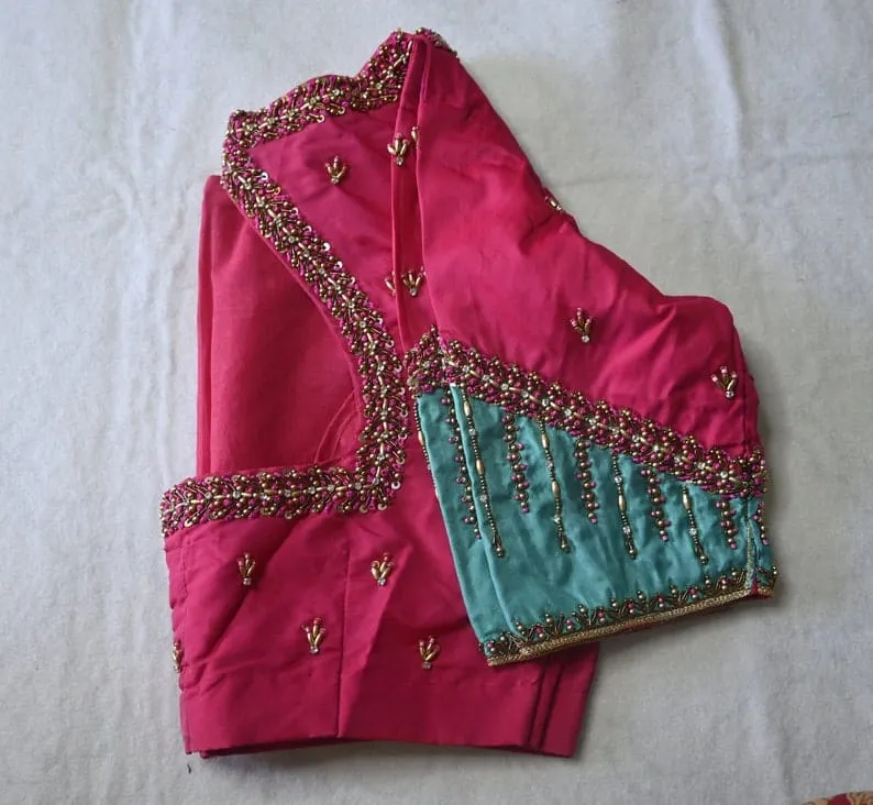 Rani Pink Raw Silk Maggam Work Blouse with Contrast Sea Green Sleeves | Beaded Aari Embroidery Designer Saree Blouse