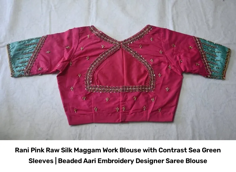 Rani Pink Raw Silk Maggam Work Blouse with Contrast Sea Green Sleeves | Beaded Aari Embroidery Designer Saree Blouse 2
