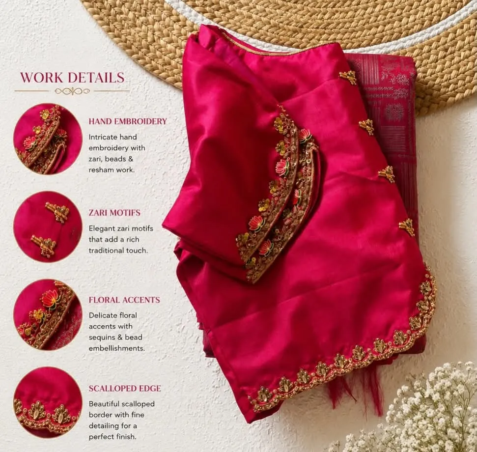 Rani Pink Raw Silk Saree Blouse – Handcrafted Zari & Resham Work with Scalloped Sleeves & Floral Lotus Accents