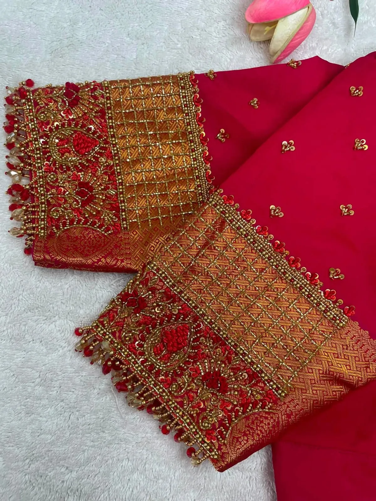 Rani Pink Silk Bridal Blouse | Hand Embroidered Maggam Work with Crystal Fringe Sleeves