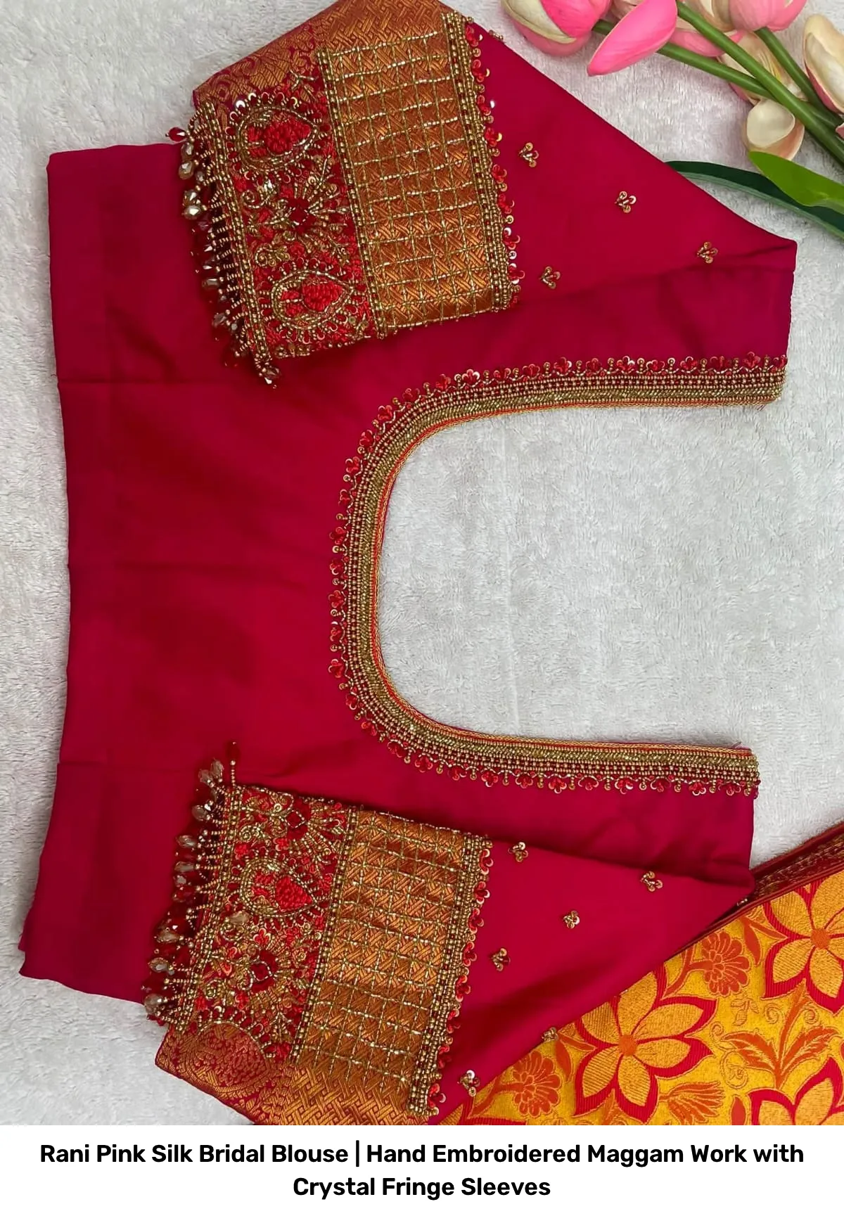 Rani Pink Silk Bridal Blouse | Hand Embroidered Maggam Work with Crystal Fringe Sleeves 2