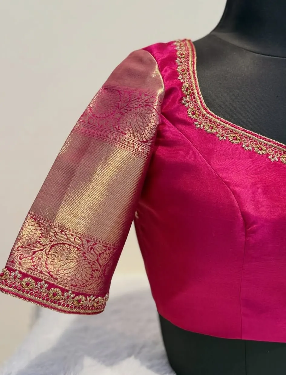 Rani Pink Silk Bridal Saree Blouse | Handcrafted Maggam Work Diamond Cutout Back Neck Blouse
