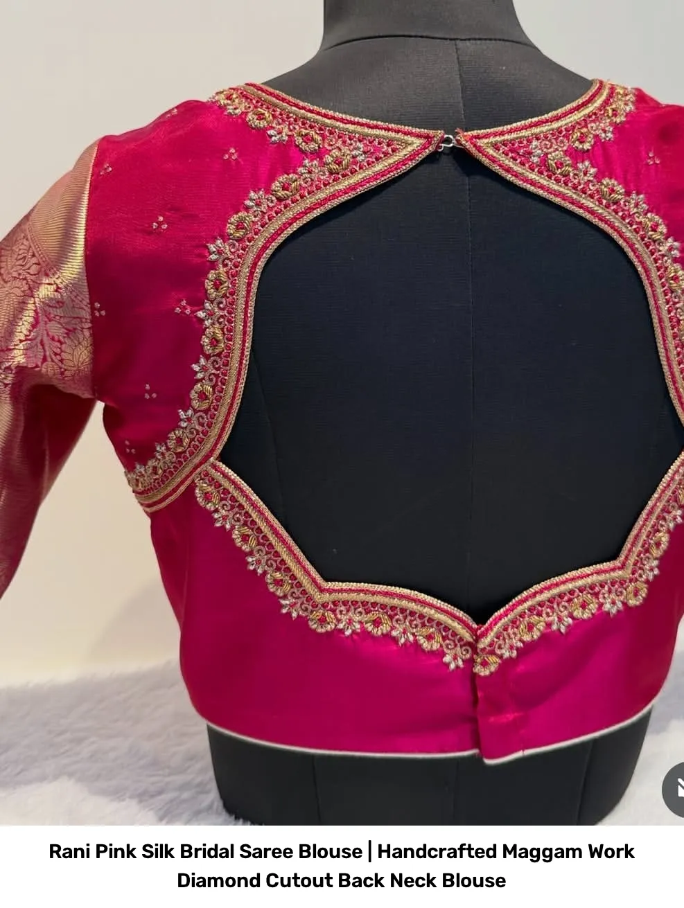 Rani Pink Silk Bridal Saree Blouse | Handcrafted Maggam Work Diamond Cutout Back Neck Blouse 2