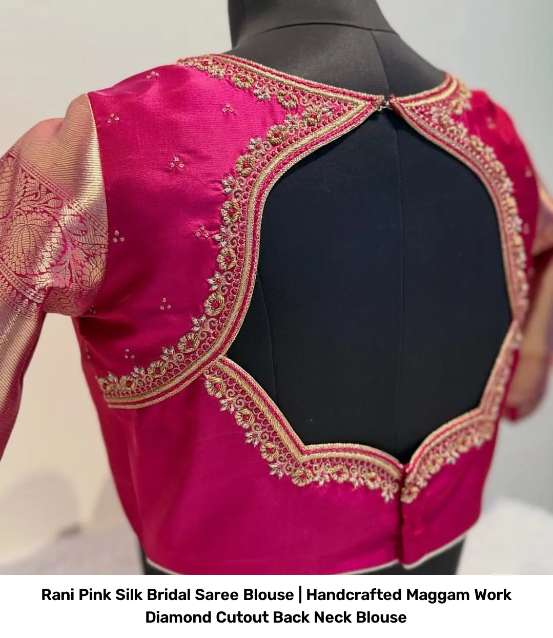 Rani Pink Silk Bridal Saree Blouse | Handcrafted Maggam Work Diamond Cutout Back Neck Blouse 3
