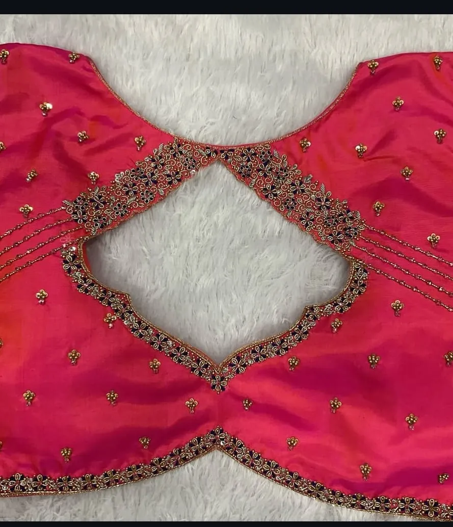 Rani Pink Silk Maggam Work Blouse | Diamond Cutout Back & Blue Floral Zardozi Bridal Blouse