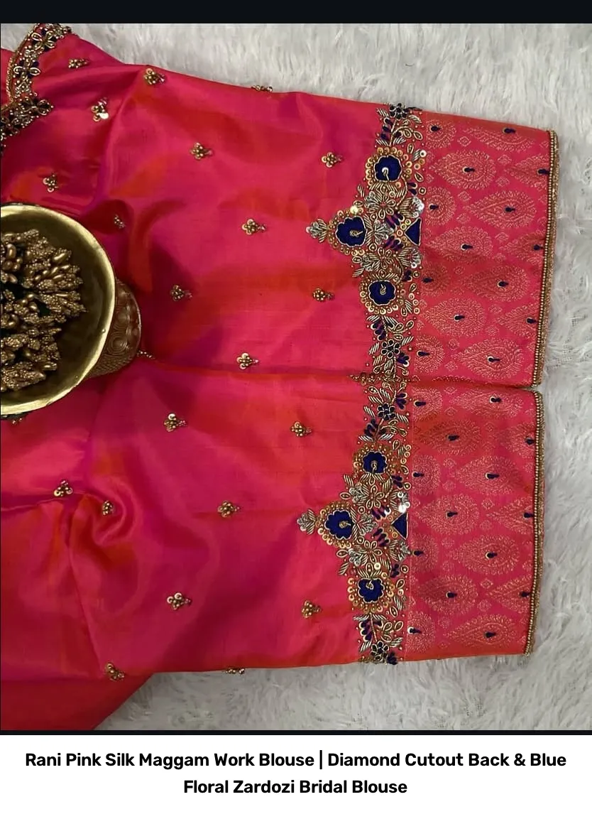 Rani Pink Silk Maggam Work Blouse | Diamond Cutout Back & Blue Floral Zardozi Bridal Blouse 2