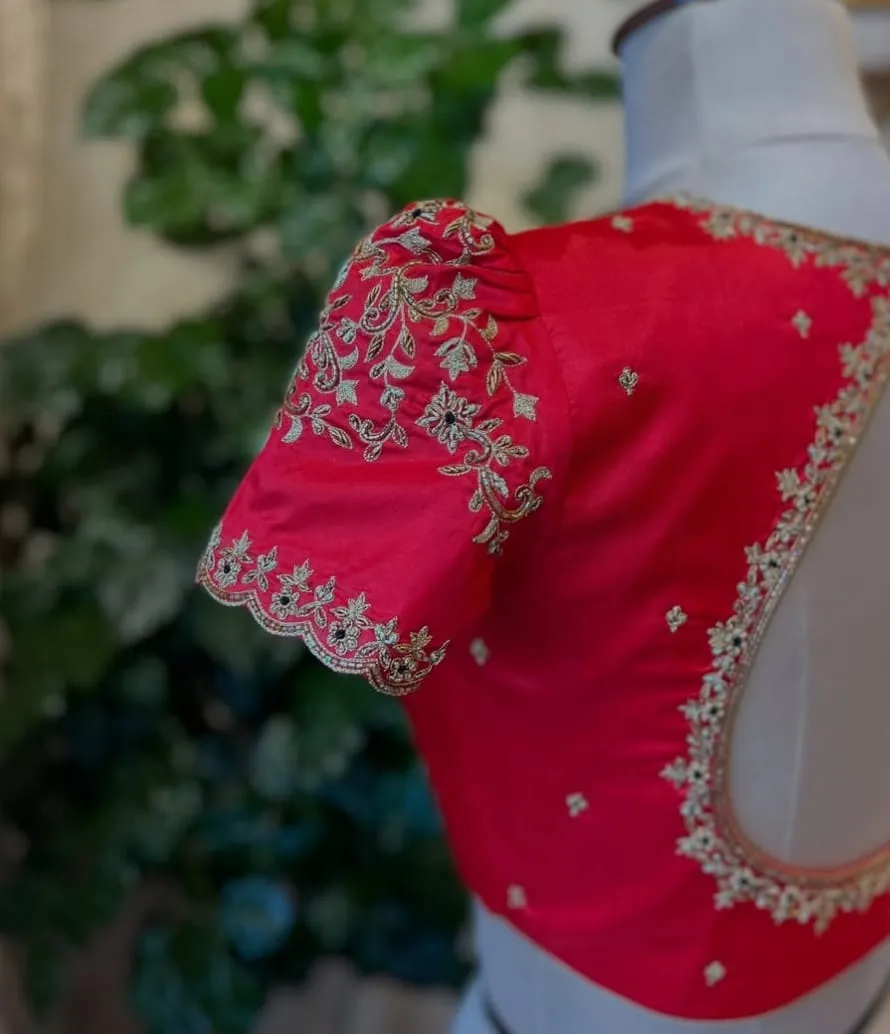 Rani Pink Silk Puff Sleeve Maggam Work Blouse | Scallop Cutwork Border & Floral Zardozi Saree Blouse