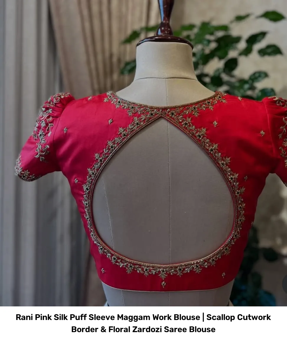 Rani Pink Silk Puff Sleeve Maggam Work Blouse | Scallop Cutwork Border & Floral Zardozi Saree Blouse 4