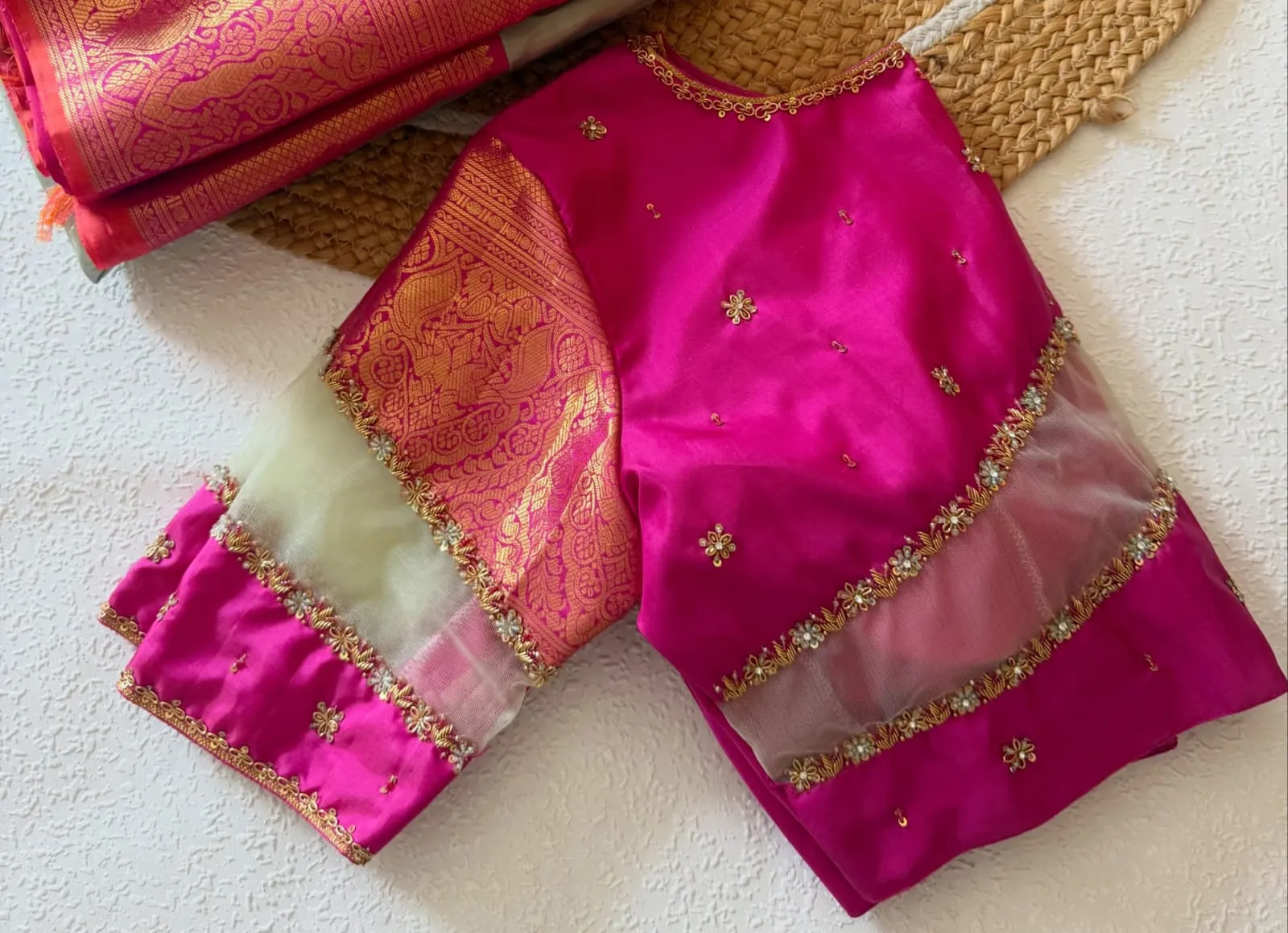 Rani Pink Silk Readymade Bridal Blouse with Sheer Net Insert, Kanjivaram Zari Brocade Sleeve & Handcrafted Zardozi Border | Designer Saree Blouse
