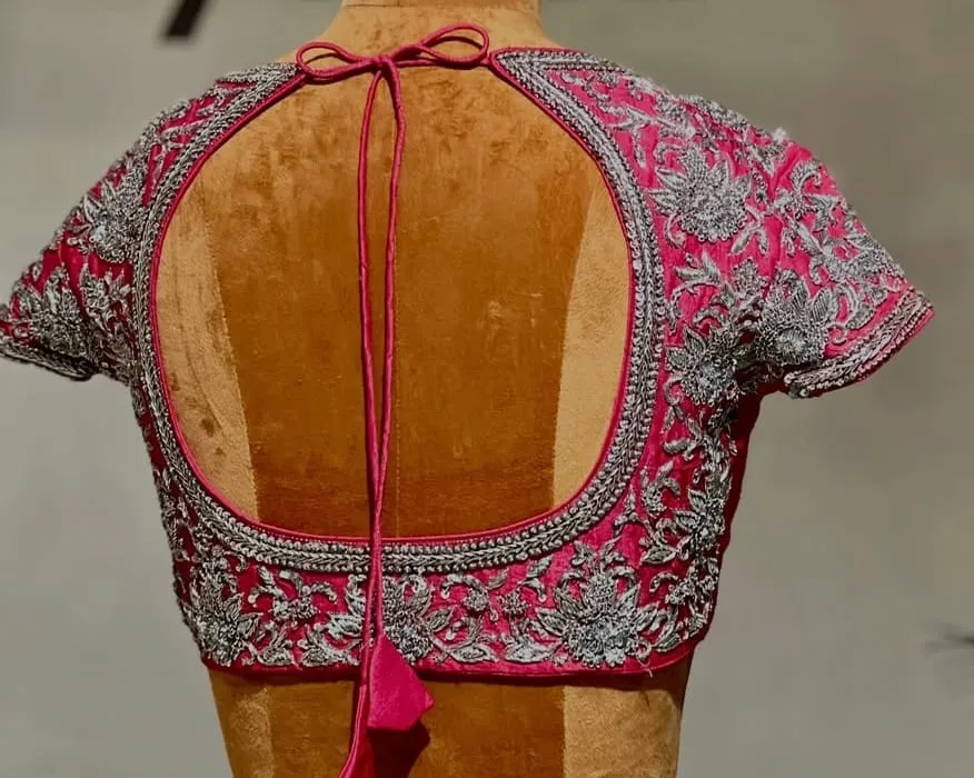 Rani Pink Silk Saree Blouse | Handcrafted Silver Zardozi Cut-Out Back Maggam Work Bridal Blouse