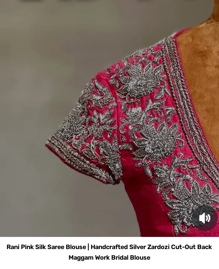 Rani Pink Silk Saree Blouse | Handcrafted Silver Zardozi Cut-Out Back Maggam Work Bridal Blouse 2
