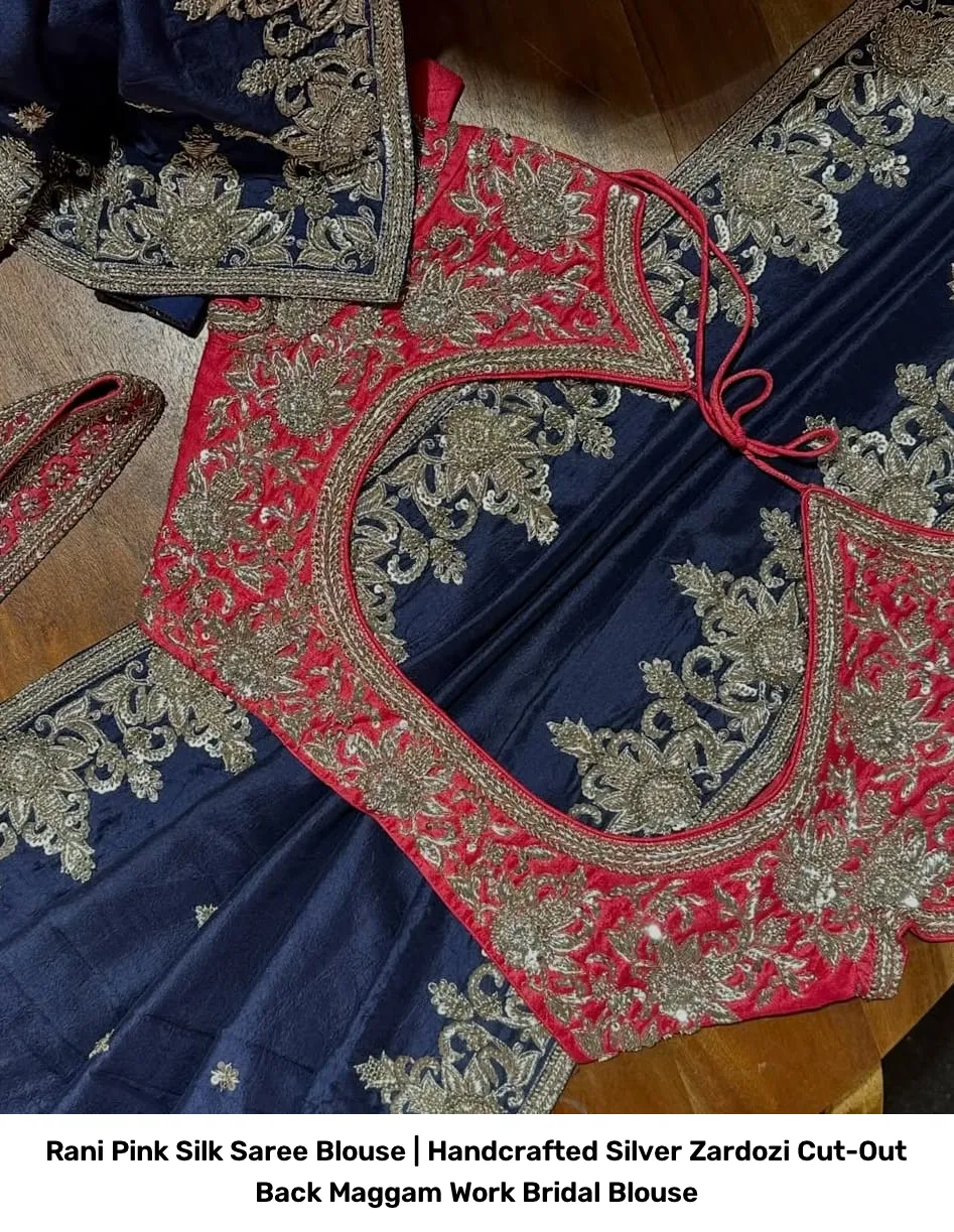 Rani Pink Silk Saree Blouse | Handcrafted Silver Zardozi Cut-Out Back Maggam Work Bridal Blouse 3