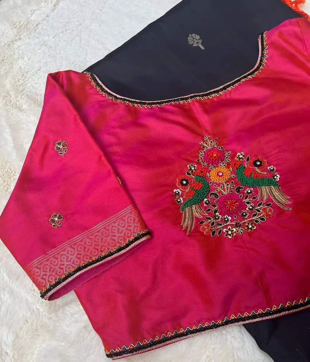 Rani Pink Silk Saree Blouse with Hand Embroidered Parrot Motif & Floral Maggam Work