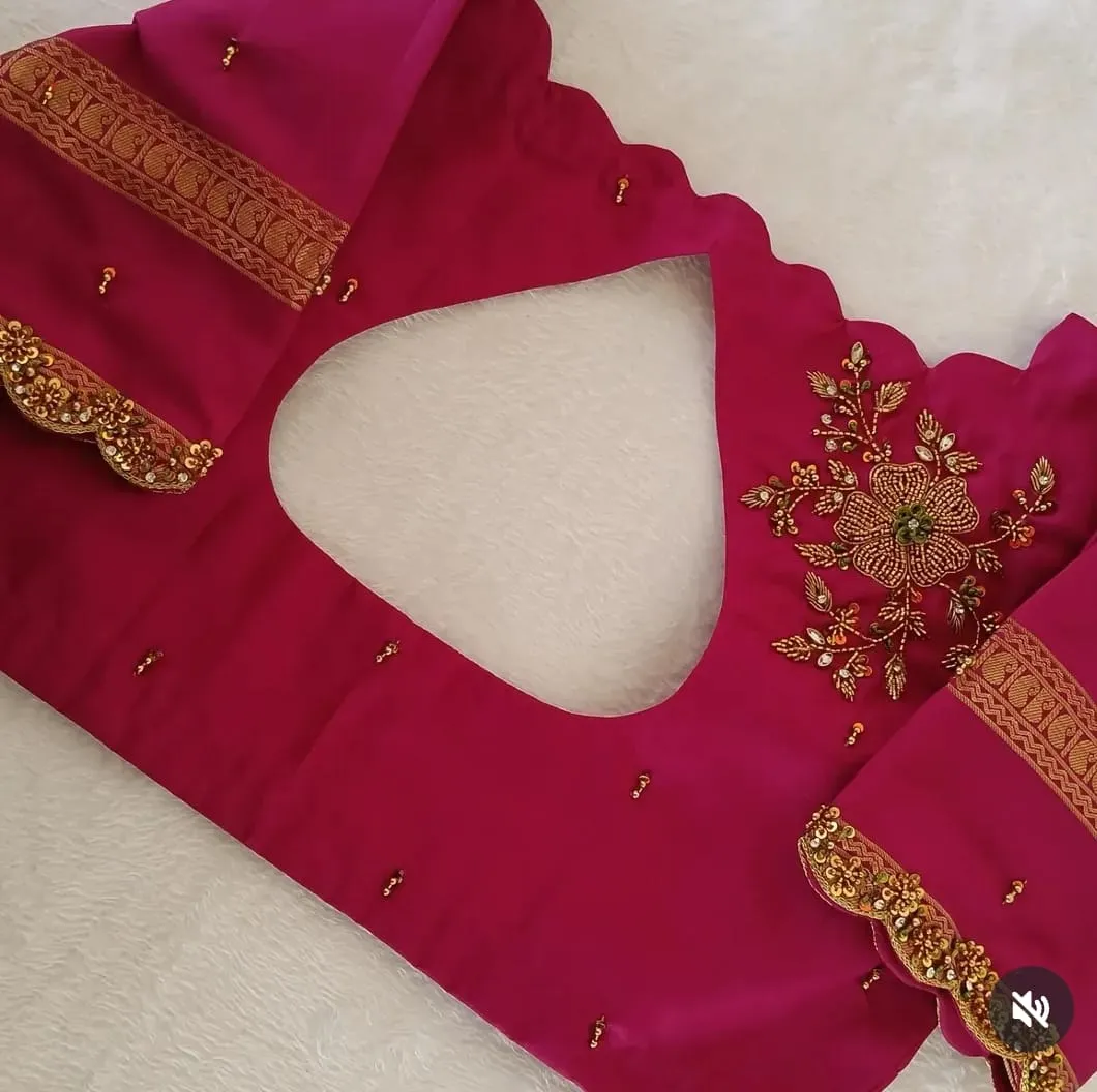Rani Pink Silk Saree Blouse with Scallop Neck & Floral Maggam Work | Readymade / Custom Stitched Bridal Blouse