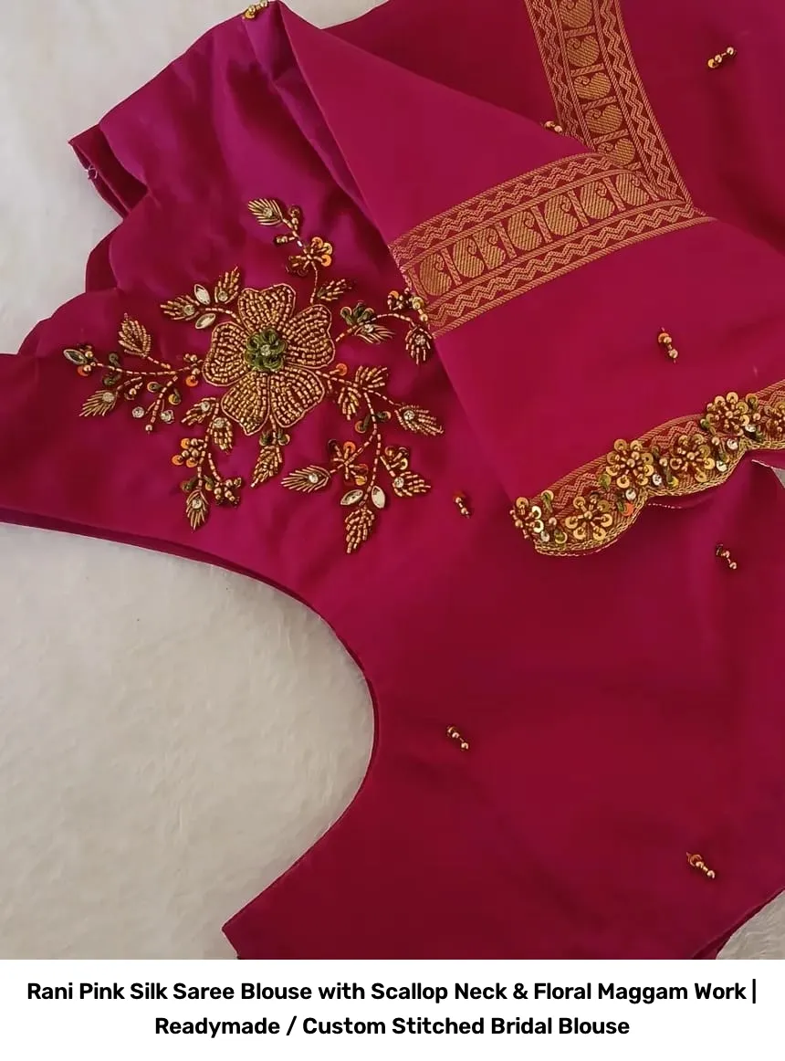 Rani Pink Silk Saree Blouse with Scallop Neck & Floral Maggam Work | Readymade / Custom Stitched Bridal Blouse 2