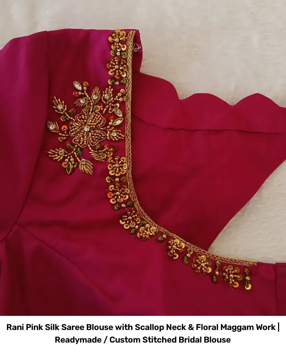 Rani Pink Silk Saree Blouse with Scallop Neck & Floral Maggam Work | Readymade / Custom Stitched Bridal Blouse 3
