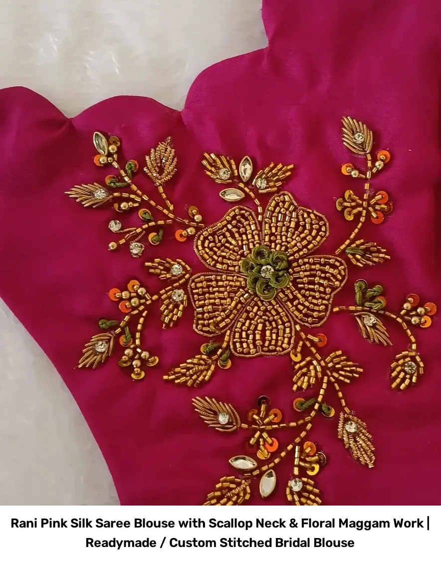 Rani Pink Silk Saree Blouse with Scallop Neck & Floral Maggam Work | Readymade / Custom Stitched Bridal Blouse 4