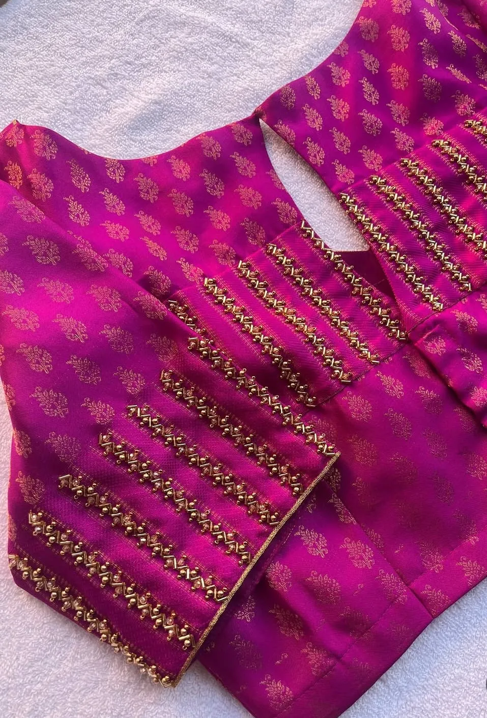 Rani Pink Woven Brocade Blouse with Handcrafted Maggam Bead Lines & Scallop Neck – Custom Stitched