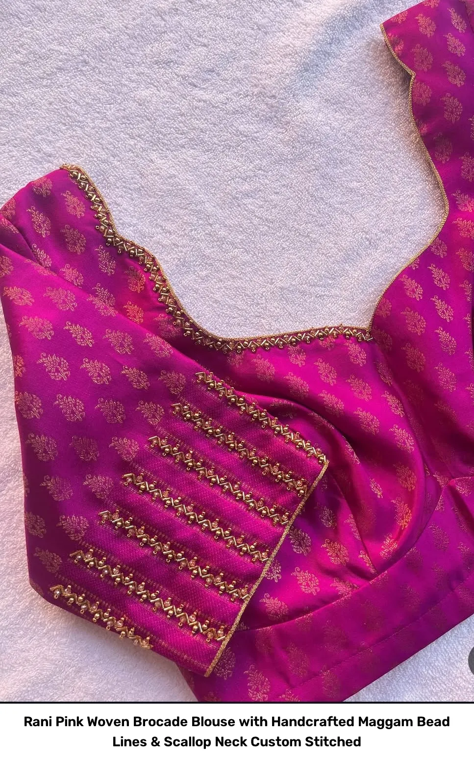 Rani Pink Woven Brocade Blouse with Handcrafted Maggam Bead Lines & Scallop Neck – Custom Stitched 2