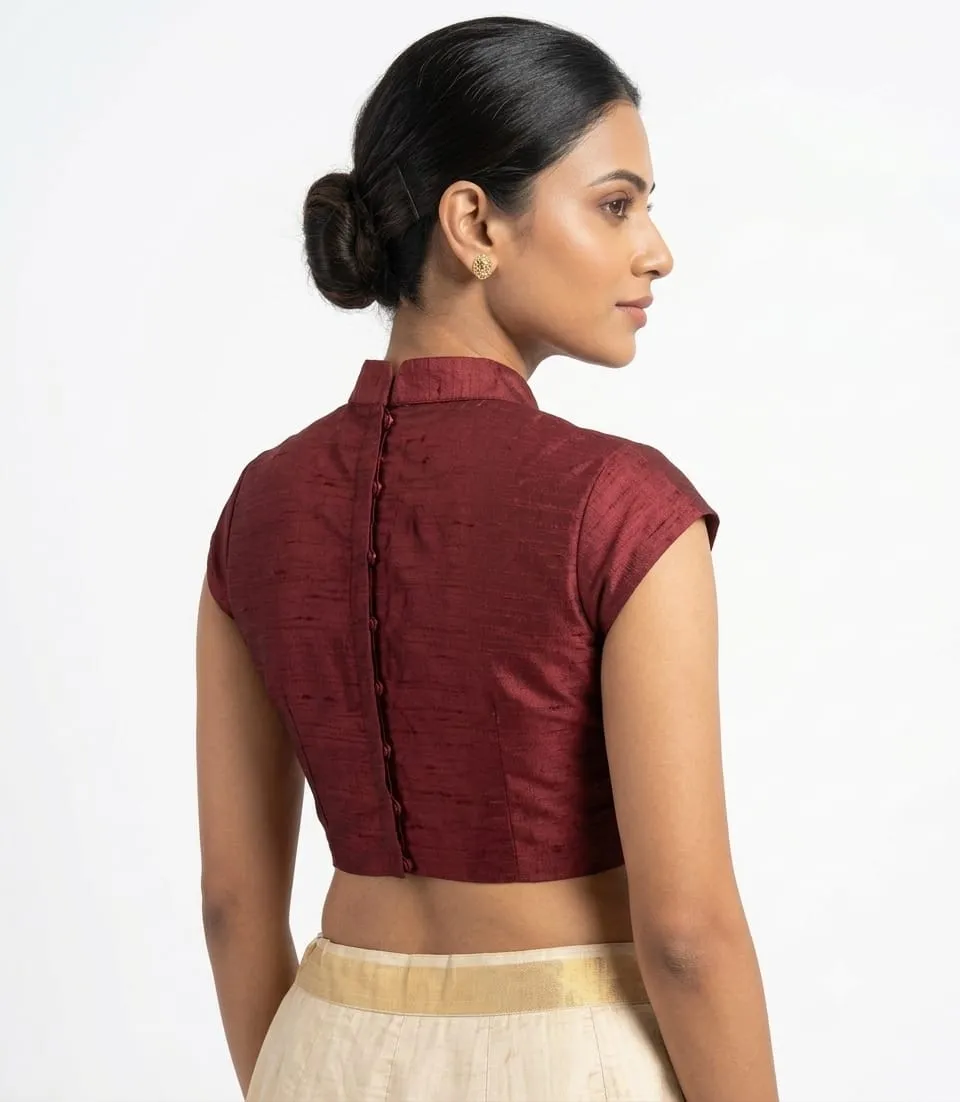 Raw Silk Keyhole Blouse with Mandarin Collar | Padded Cap Sleeve Saree Blouse