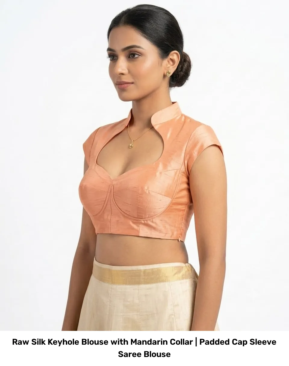 Raw Silk Keyhole Blouse with Mandarin Collar | Padded Cap Sleeve Saree Blouse 4
