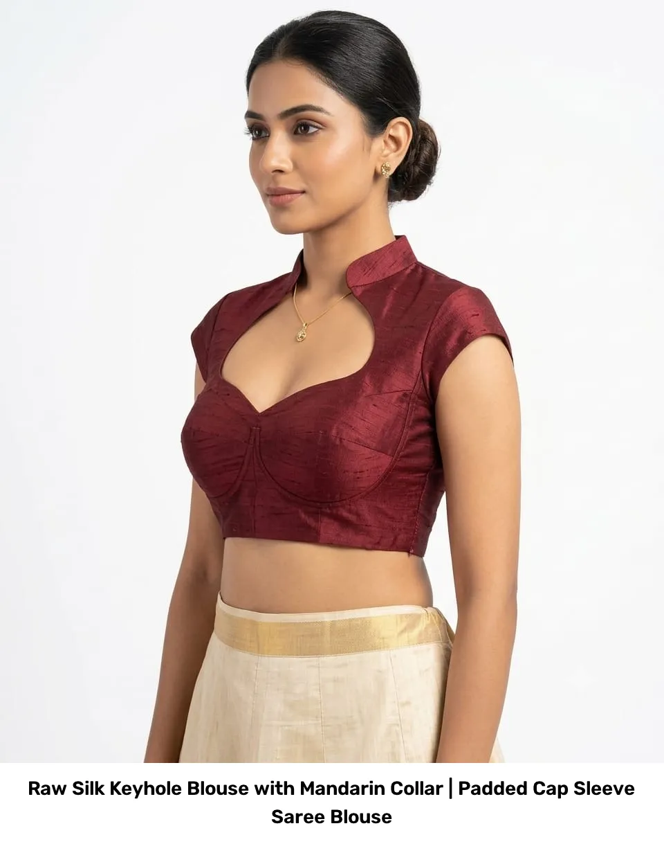 Raw Silk Keyhole Blouse with Mandarin Collar | Padded Cap Sleeve Saree Blouse 6