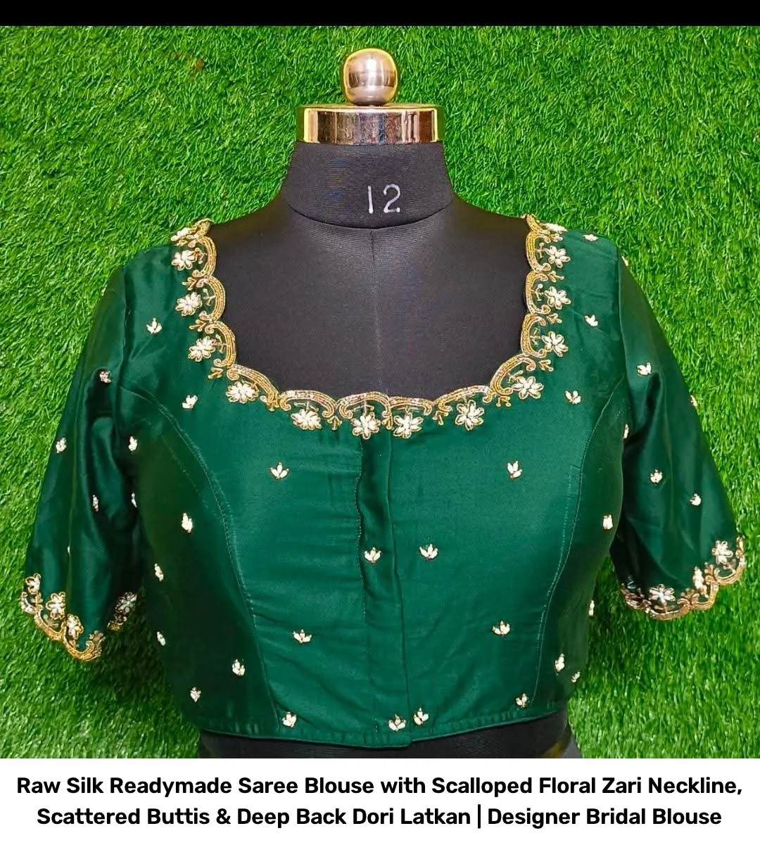 Raw Silk Readymade Saree Blouse with Scalloped Floral Zari Neckline, Scattered Buttis & Deep Back Dori Latkan | Designer Bridal Blouse 4