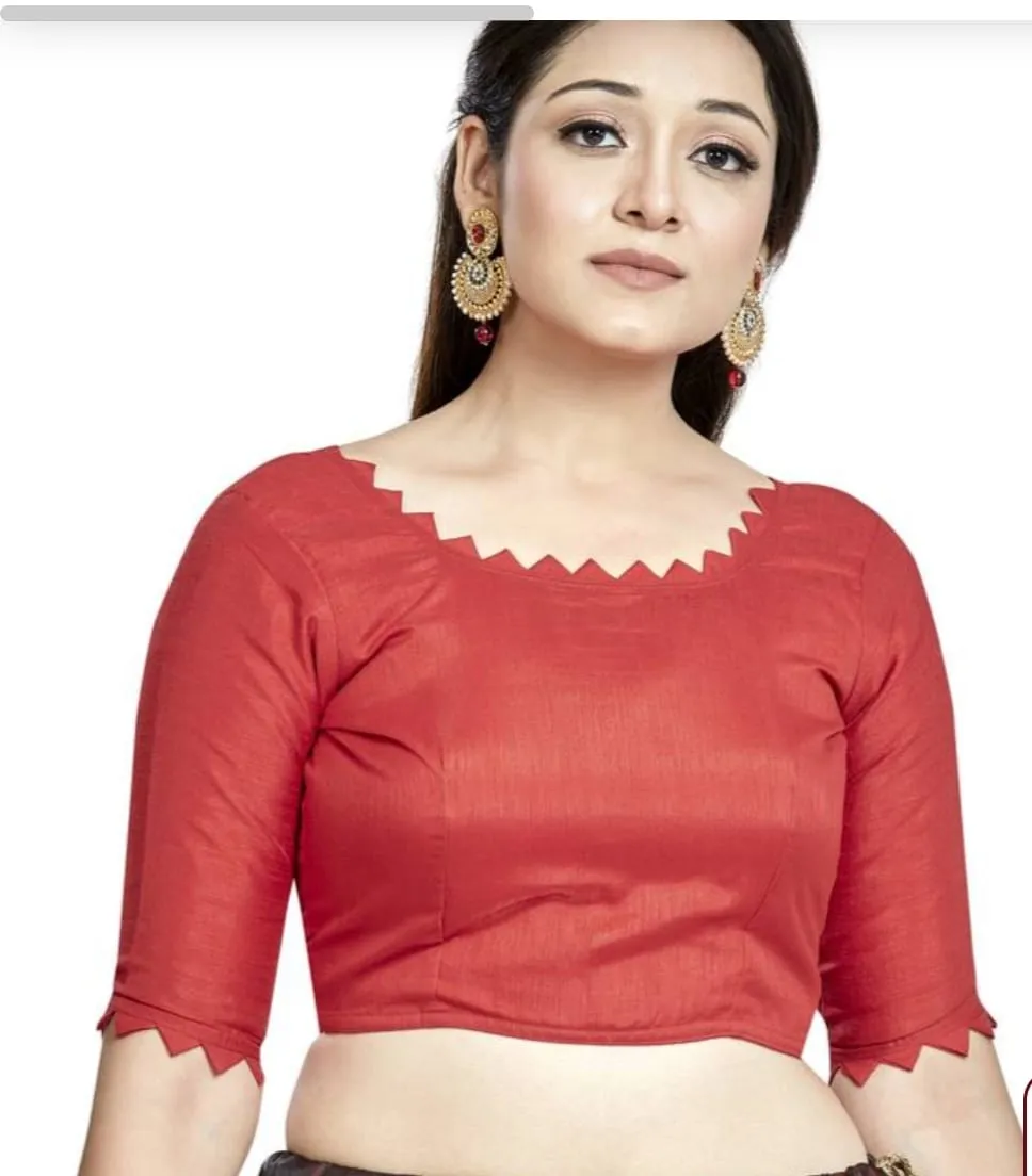 Ready-Made Designer Saree Blouse – Stylish Scalloped Neck & Elbow Sleeves with Back Tie-Up