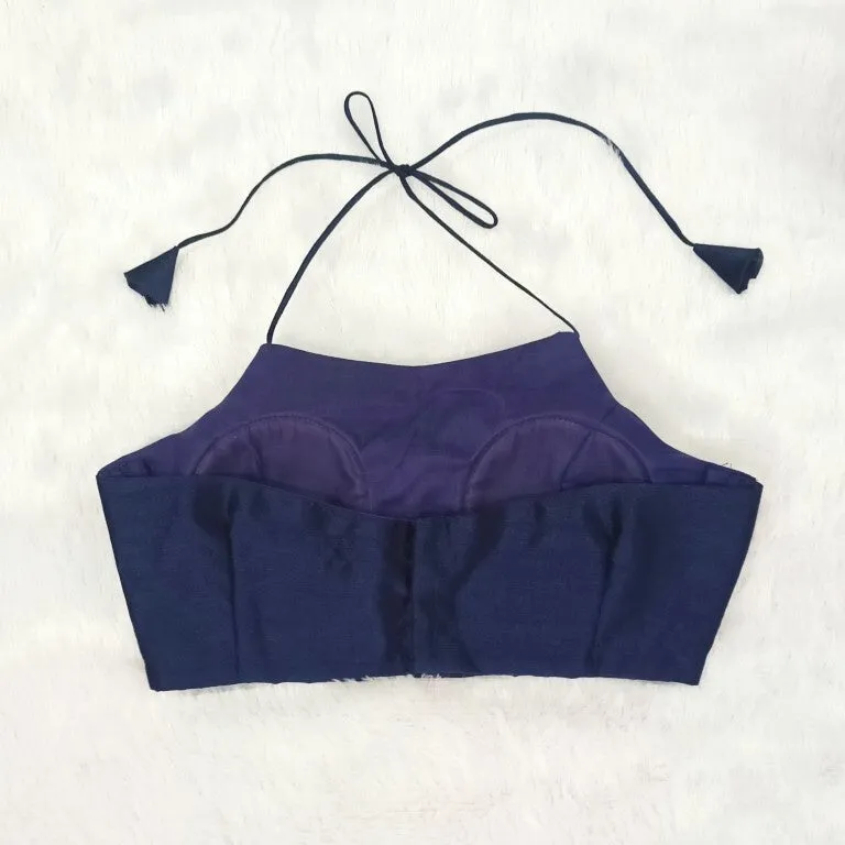 Ready to Wear Navy Blue Raw Silk Halter Neck Saree Blouse | Backless Tie-Up Padded Crop Top
