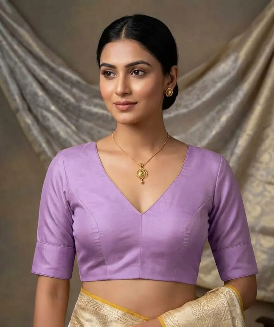 Ready to Wear V-Neck Raw Silk Saree Blouse | Back Potli Button Padded Choli Tops